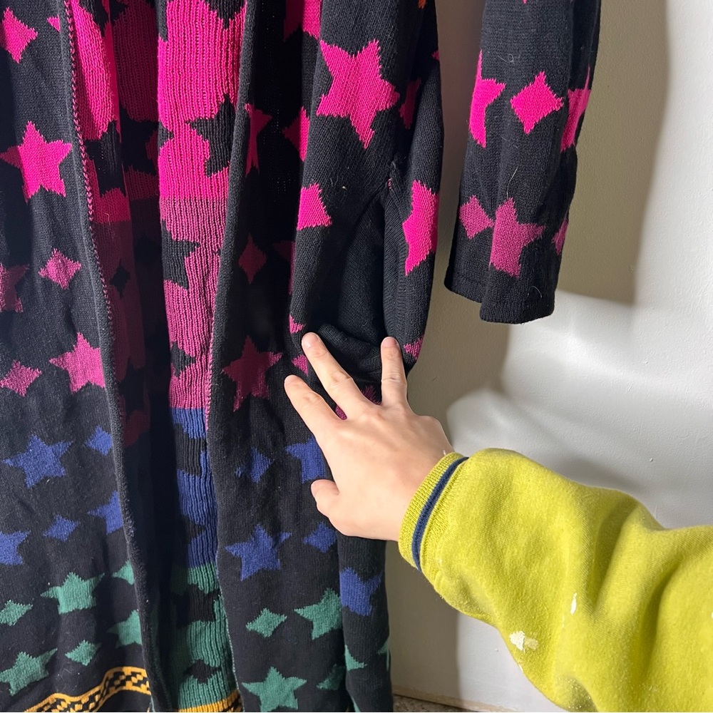 Modcloth Stars Duster Black Rainbow Long Cardigan Belted Stardom Retro XL Rare - Picture 5 of 7